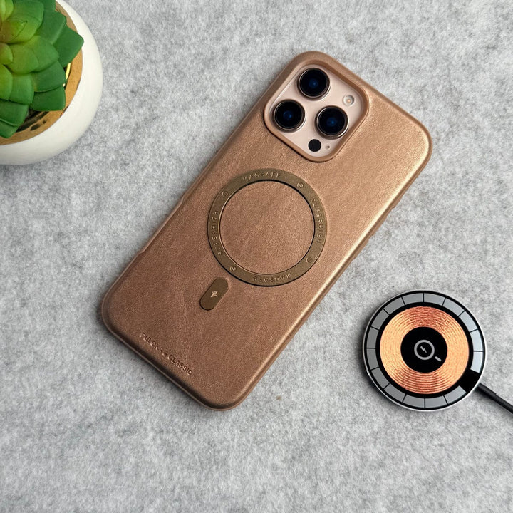 FRATO iPhone 16 Series iPhone 16 Pro Max Premium PU Leather Metal MagSafe Ring Case Golden