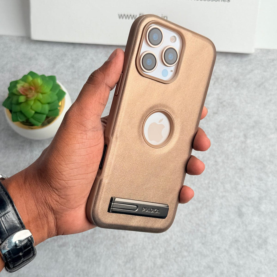 FRATO iPhone 16 Series iPhone 16 Pro Max PU Leather Inbuilt Stand Case Cover Golden