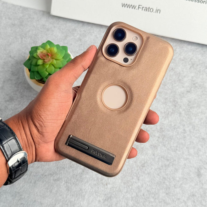 FRATO iPhone 16 Series iPhone 16 Pro Max PU Leather Inbuilt Stand Case Cover Golden