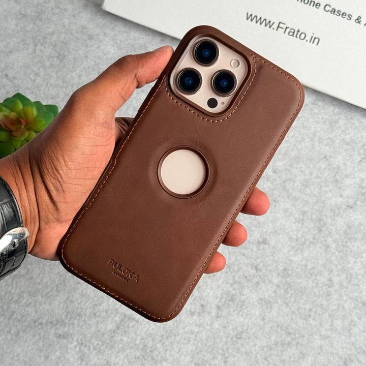 FRATO iPhone 16 Series iPhone 16 Pro Max / Tan Brown iPhone 16 Series Luxury Logo Cut Side Stitch PU leather Case Cover