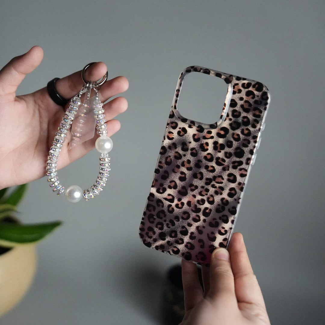 FRATO iPhone 16 Series iPhone 16 Series Leopard Print Case with Beaded Wrist Strap | Cute Transparent Designer Cover