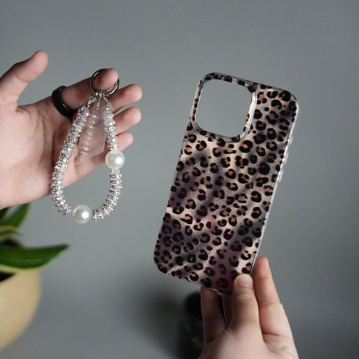 FRATO iPhone 16 Series iPhone 16 Series Leopard Print Case with Beaded Wrist Strap | Cute Transparent Designer Cover