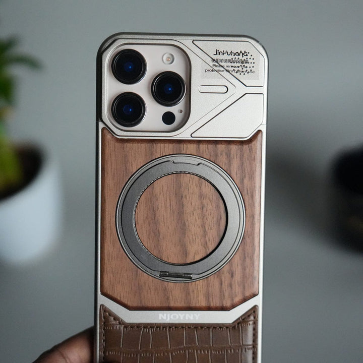 FRATO iPhone 16 Series iPhone 16 Series Metallic Wood Leather AeroFLex Aluminium  Case With Rotating Stand