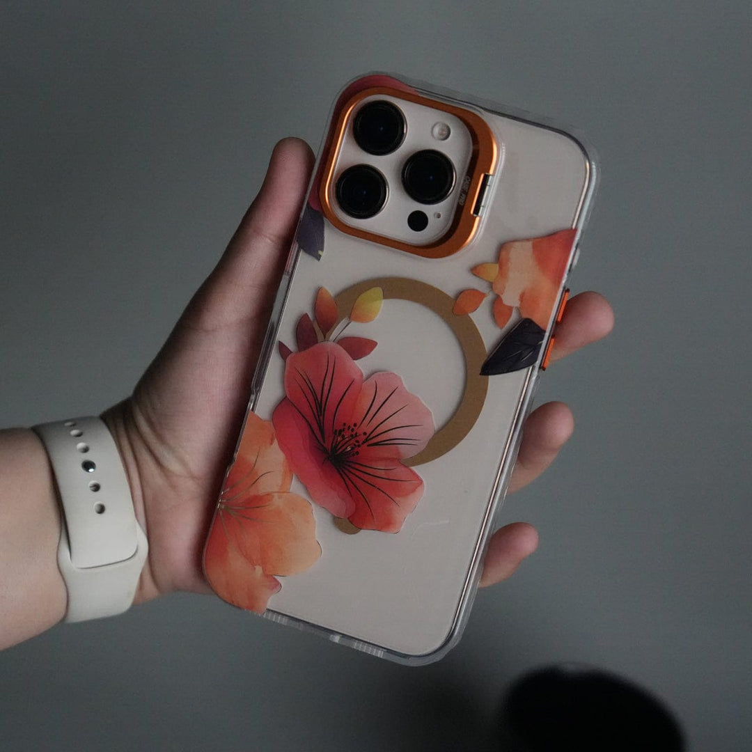 FRATO iPhone 16 Series Orange iPhone 16 Pro Max FloraCrystal Clear Floral Design Case with Color Metal Camera Stand Frame