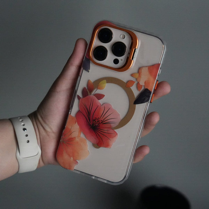 FRATO iPhone 16 Series Orange iPhone 16 Pro Max FloraCrystal Clear Floral Design Case with Color Metal Camera Stand Frame
