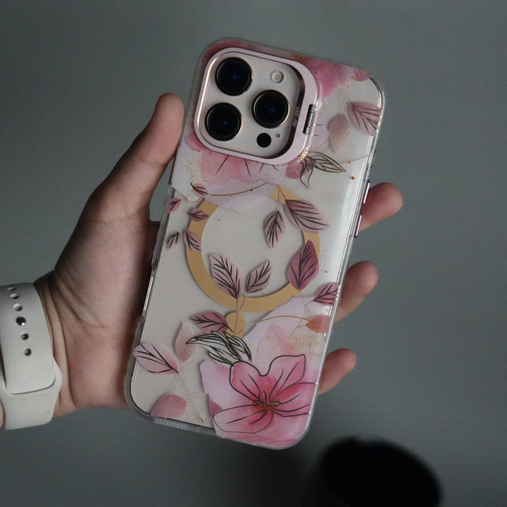 FRATO iPhone 16 Series Pink iPhone 16 Pro Max FloraCrystal Clear Floral Design Case with Color Metal Camera Stand Frame