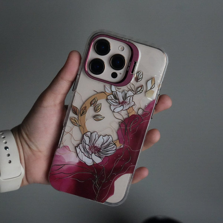 FRATO iPhone 16 Series Purple iPhone 16 Pro Max FloraCrystal Clear Floral Design Case with Color Metal Camera Stand Frame