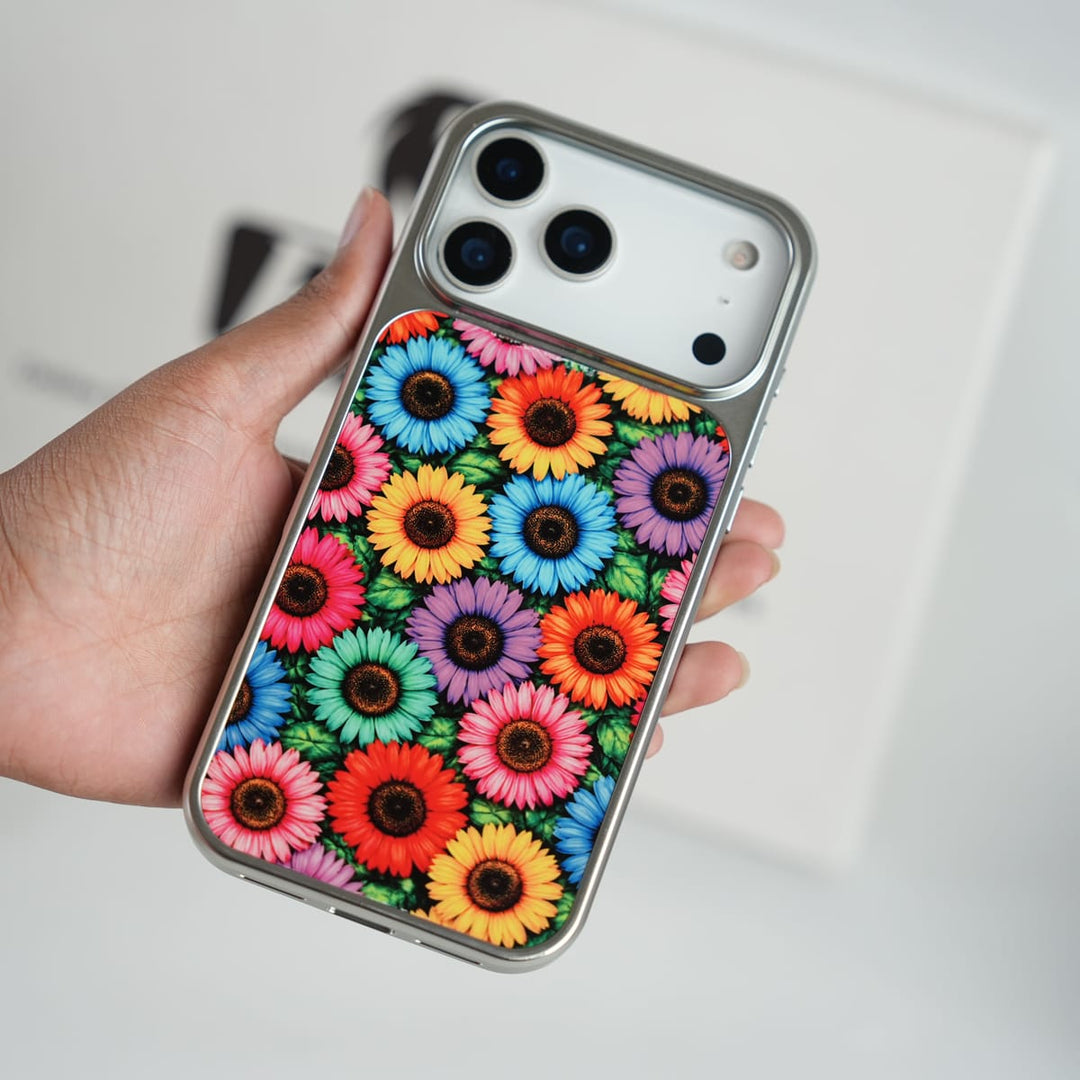 FRATO iPhone 17 Pro / Color Burst iPhone 17 Series Chrome Frame Floral Designer Bllom Case | Slim Protective Back Cover