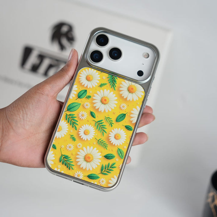 FRATO iPhone 17 Pro / Sunny Daisy iPhone 17 Series Chrome Frame Floral Designer Bllom Case | Slim Protective Back Cover