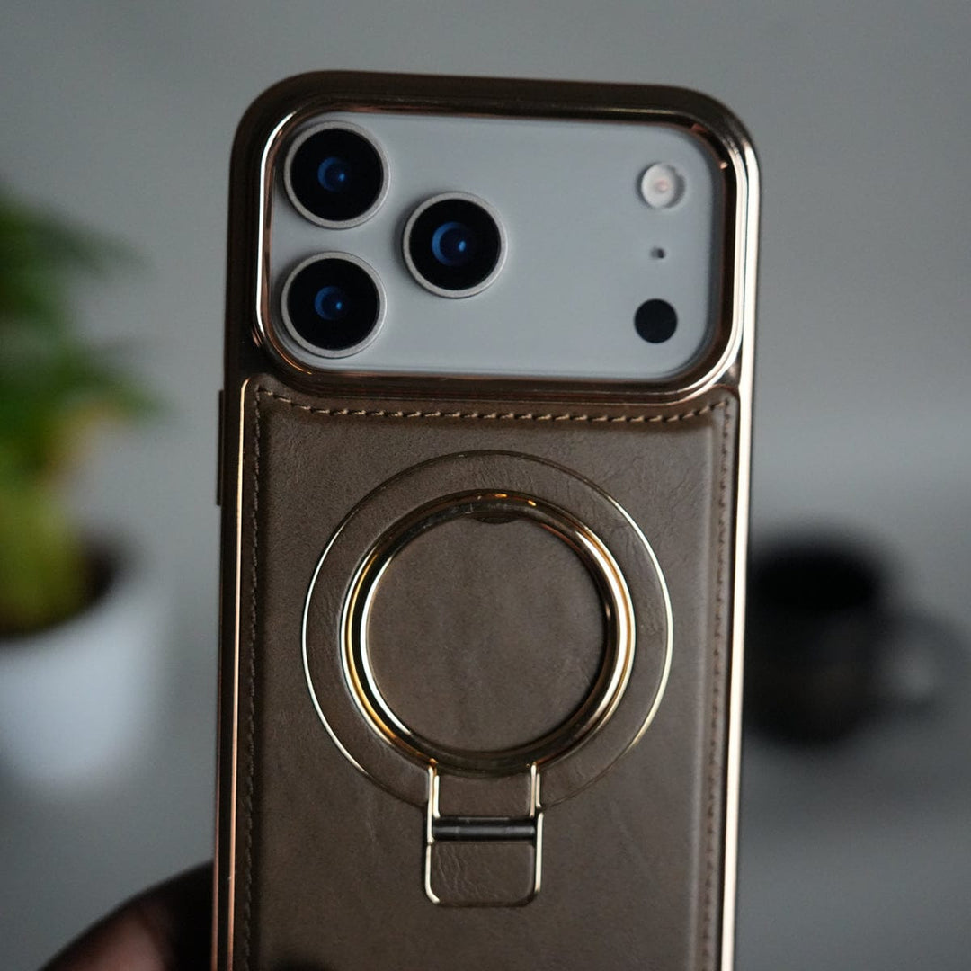 FRATO iPhone 17 Series 17 Pro iPhone 17 Series PU Leather Chrome Side Case With Ring Metal Stand | Desert Color