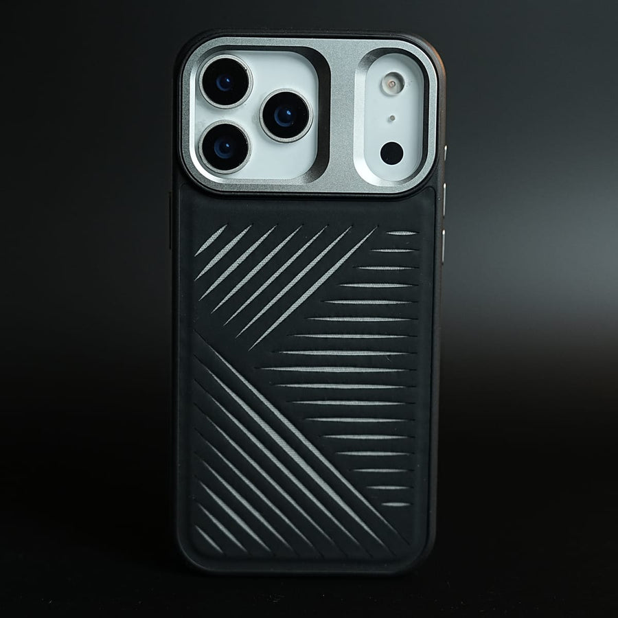 FRATO iPhone 17 Series 17 pro Max / Black iPhone 17 Series Premium PU Leather Cut Pattern MagSafe Case with Metal Camera Frame