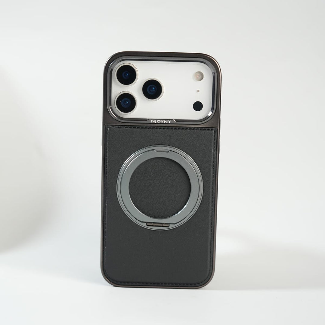 FRATO iPhone 17 Series 17 Pro Max / Black iPhone 17 Series Premium PU Leather Stitch Case | 360° Rotating Metal Ring Stand Cover