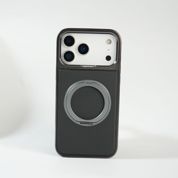 FRATO iPhone 17 Series 17 Pro Max / Black iPhone 17 Series Premium PU Leather Stitch Case | 360° Rotating Metal Ring Stand Cover