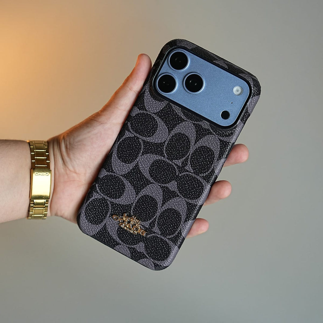 FRATO iPhone 17 Series 17 Pro Max / Black Leather Texture Pattern Case for iPhone 17 Series | Gold-Tone Logo Slim Cover