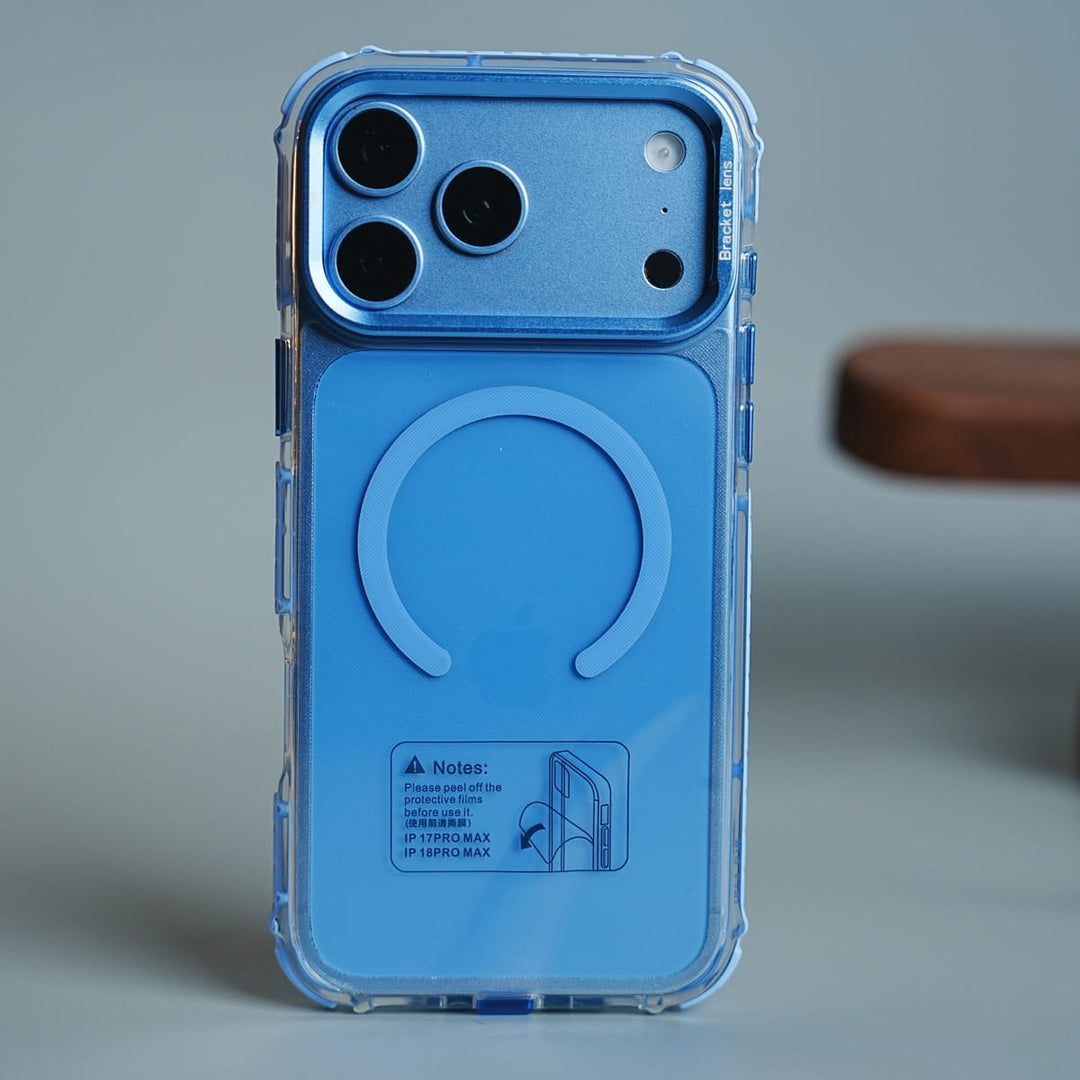 FRATO iPhone 17 Series 17 Pro Max / Blue Foldable Camera Frame Stand Case for 17 Series | Magnetic Transparent Protective Cover