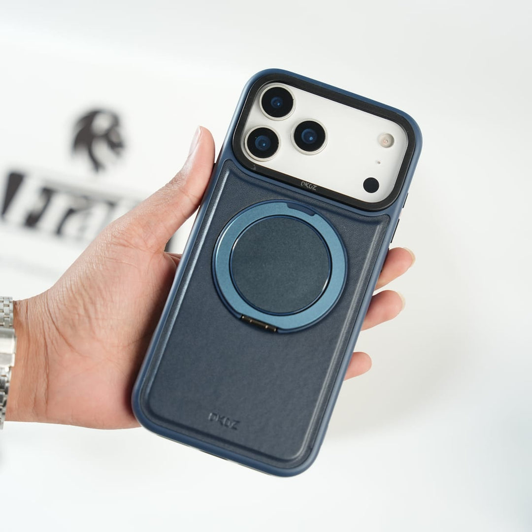 FRATO iPhone 17 Series 17 Pro Max / Blue iPhone 17 Series MagSafe PU Leather Ring Stand Case | 360° Rotating Metal Kickstand