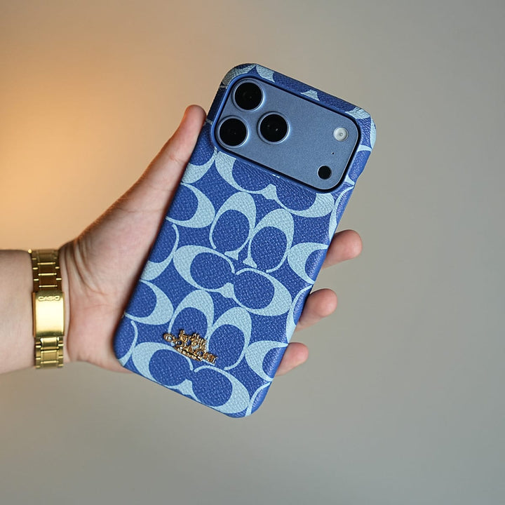FRATO iPhone 17 Series 17 Pro Max / Blue Leather Texture Pattern Case for iPhone 17 Series | Gold-Tone Logo Slim Cover