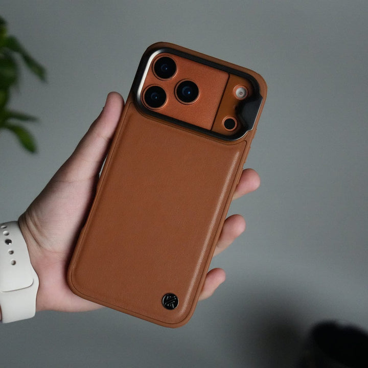 FRATO iPhone 17 Series 17 Pro Max / Brown iPhone 17 Series Camera Protector Case | Sliding Metal Lens Cover | Shockproof Back Cover with Built-In Kickstand
