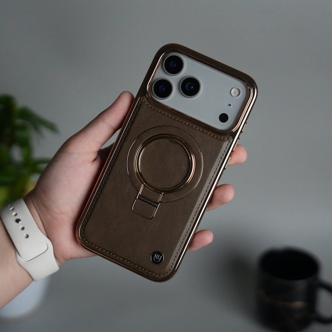 FRATO iPhone 17 Series 17 Pro Max iPhone 17 Series PU Leather Chrome Side Case With Ring Metal Stand | Desert Color