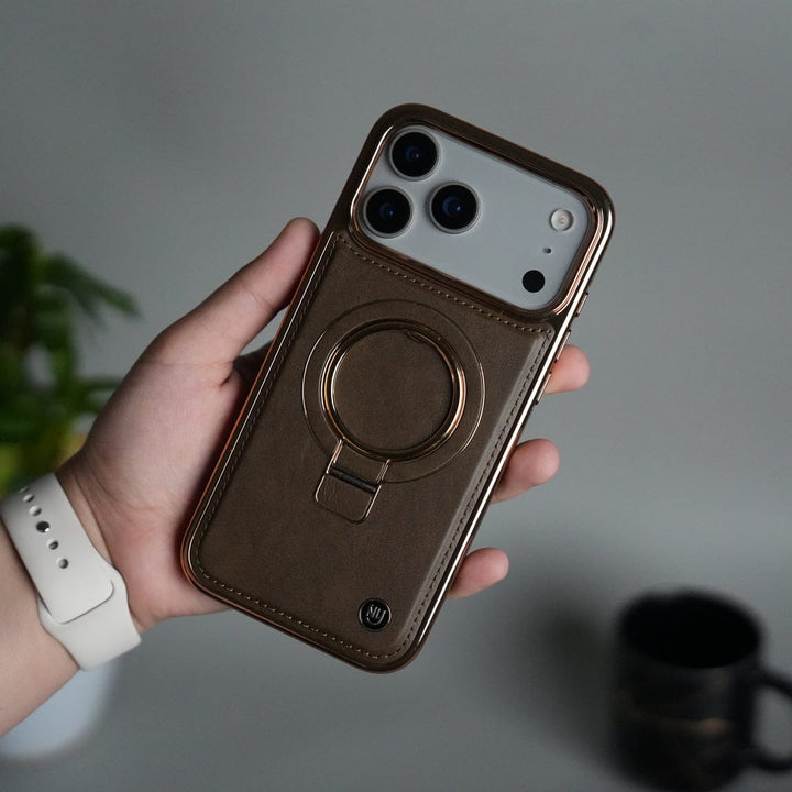 FRATO iPhone 17 Series 17 Pro Max iPhone 17 Series PU Leather Chrome Side Case With Ring Metal Stand | Desert Color