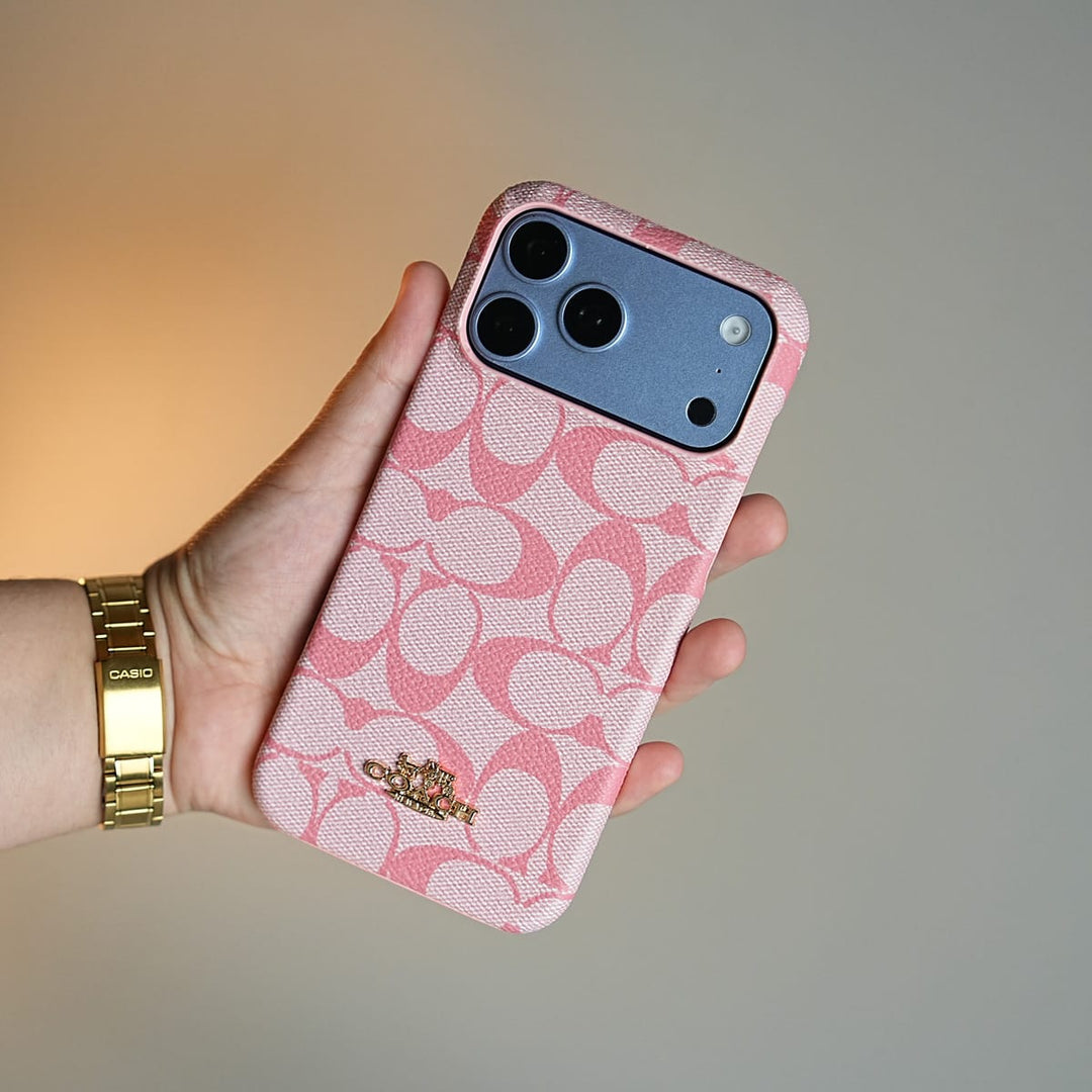 FRATO iPhone 17 Series 17 Pro Max / Light Pink Leather Texture Pattern Case for iPhone 17 Series | Gold-Tone Logo Slim Cover