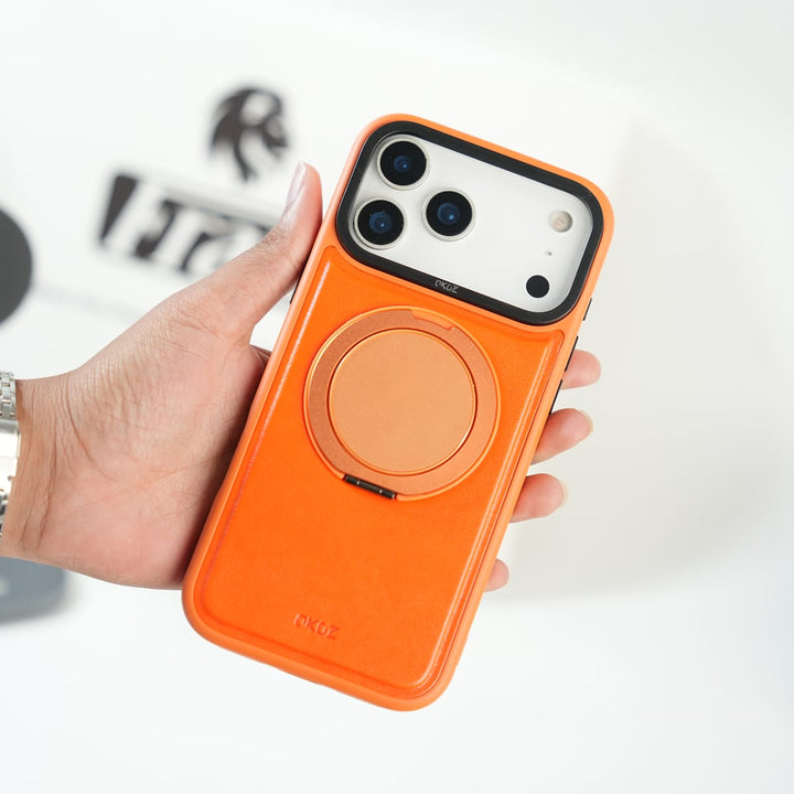 FRATO iPhone 17 Series 17 Pro Max / Orange iPhone 17 Series MagSafe PU Leather Ring Stand Case | 360° Rotating Metal Kickstand