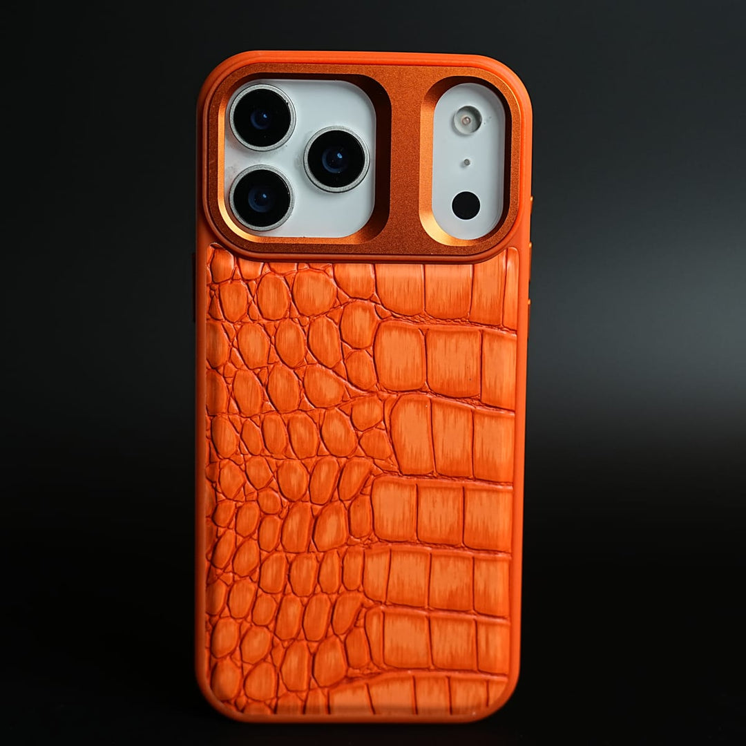 FRATO iPhone 17 Series 17 pro Max / Orange iPhone 17 Series Premium Croc Texture PU Leather MagSafe Case with Metal Camera Frame
