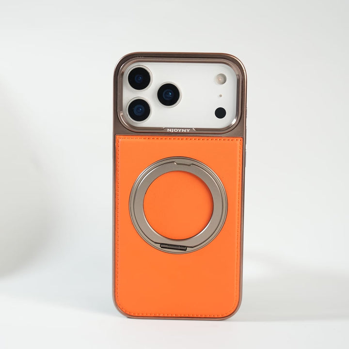 FRATO iPhone 17 Series 17 Pro Max / Orange iPhone 17 Series Premium PU Leather Stitch Case | 360° Rotating Metal Ring Stand Cover
