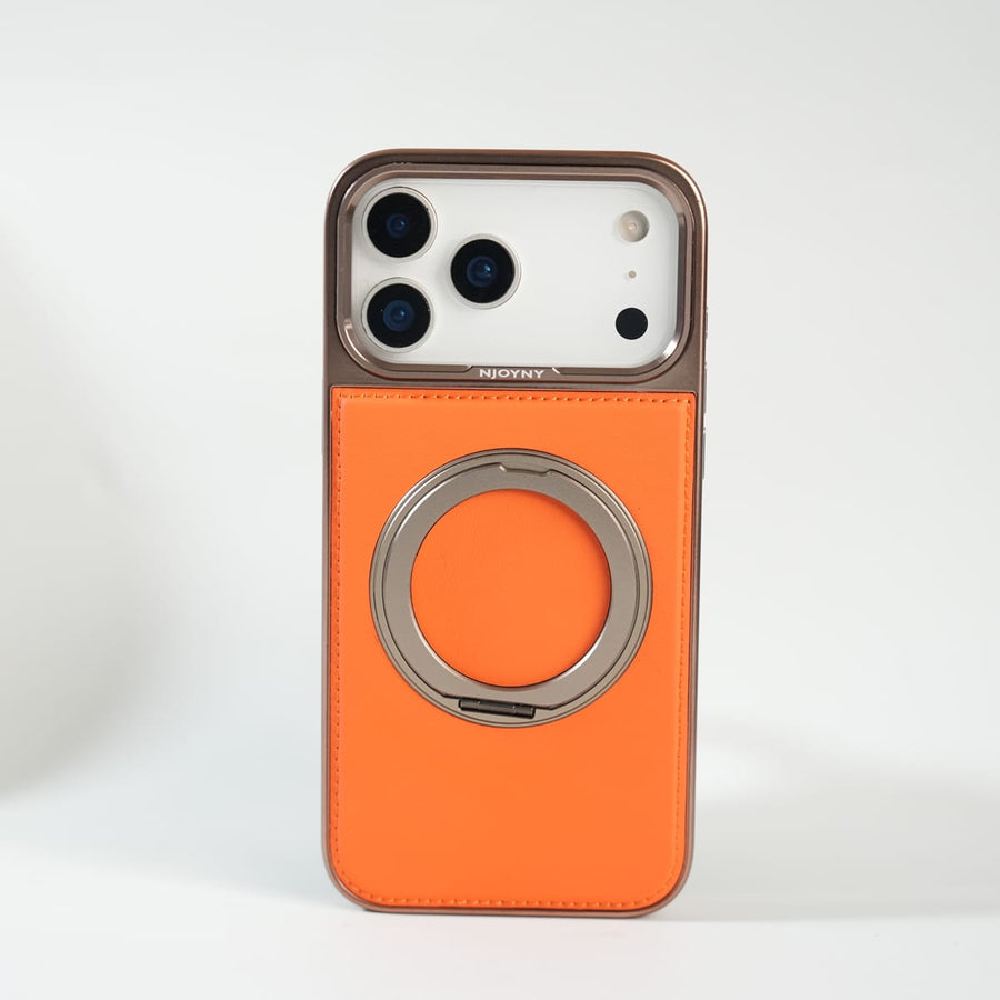 FRATO iPhone 17 Series 17 Pro Max / Orange iPhone 17 Series Premium PU Leather Stitch Case | 360° Rotating Metal Ring Stand Cover