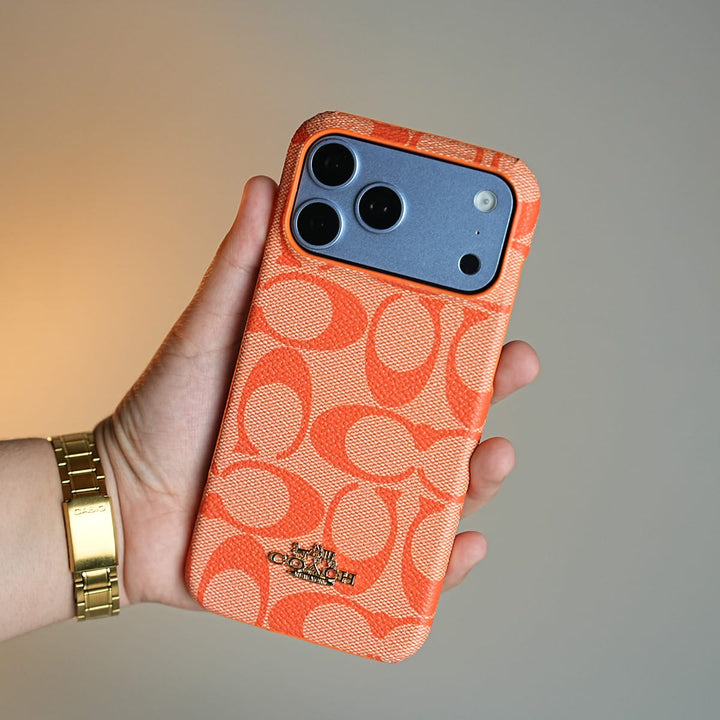 FRATO iPhone 17 Series 17 Pro Max / Orange Leather Texture Pattern Case for iPhone 17 Series | Gold-Tone Logo Slim Cover