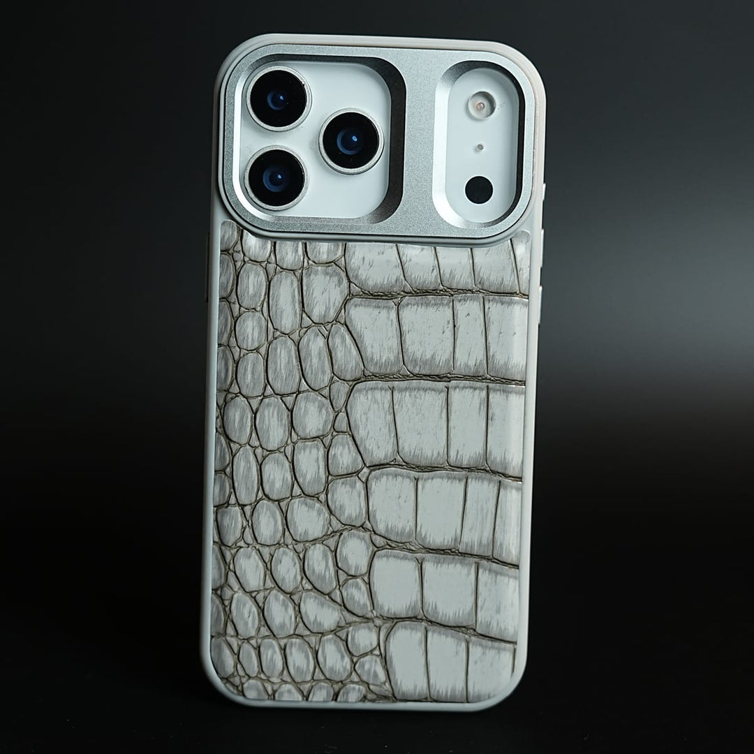 FRATO iPhone 17 Series 17 pro Max / Silver iPhone 17 Series Premium Croc Texture PU Leather MagSafe Case with Metal Camera Frame