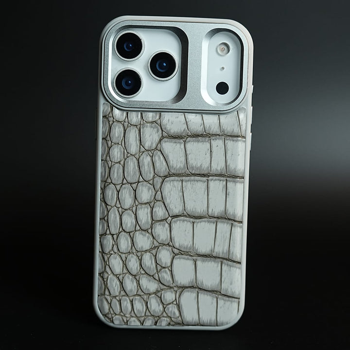 FRATO iPhone 17 Series 17 pro Max / Silver iPhone 17 Series Premium Croc Texture PU Leather MagSafe Case with Metal Camera Frame