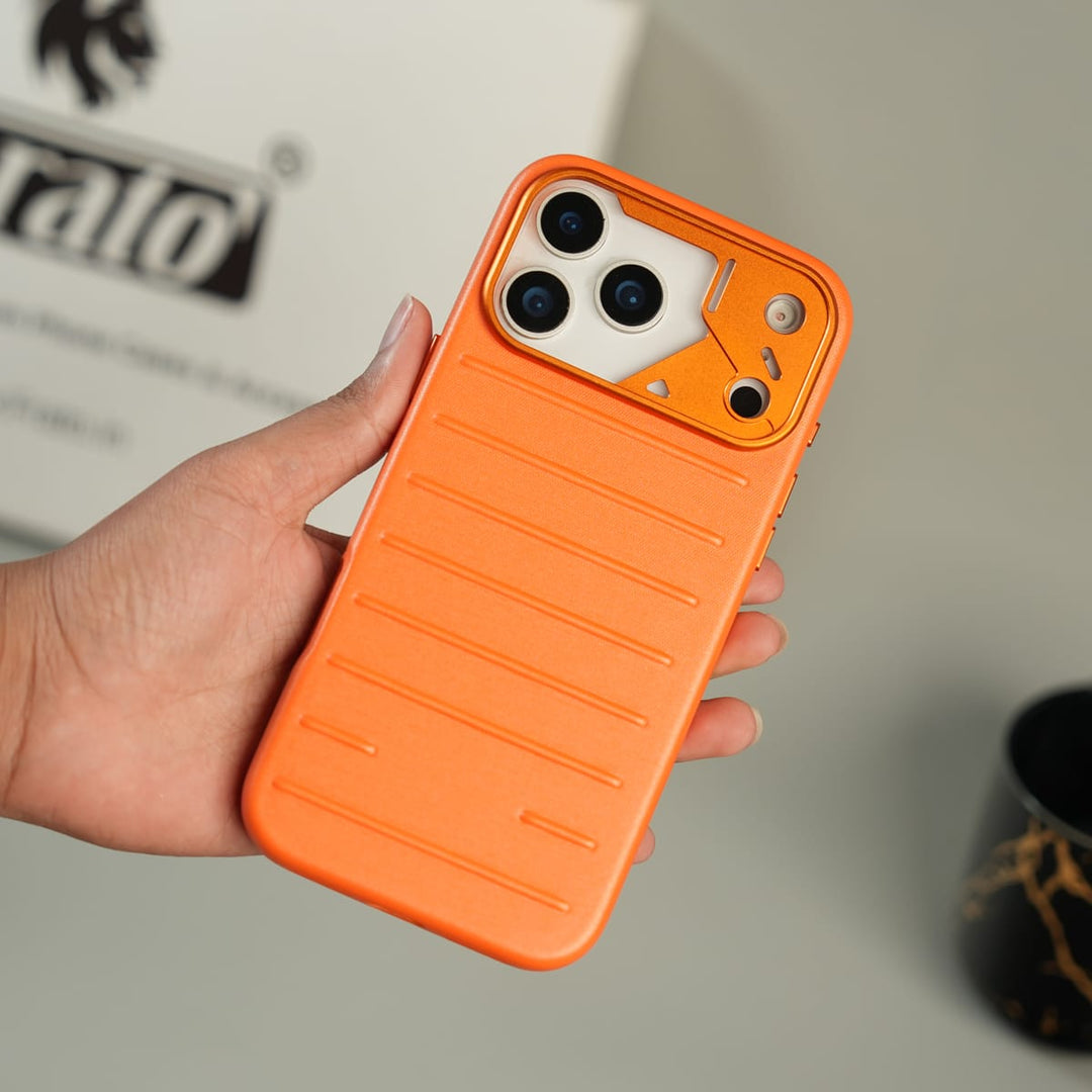 FRATO iPhone 17 Series !7 pro Max / Orange iPhone 17 Series Premium PU Leather MagSafe Case | Metal Camera Frame Protective Cover