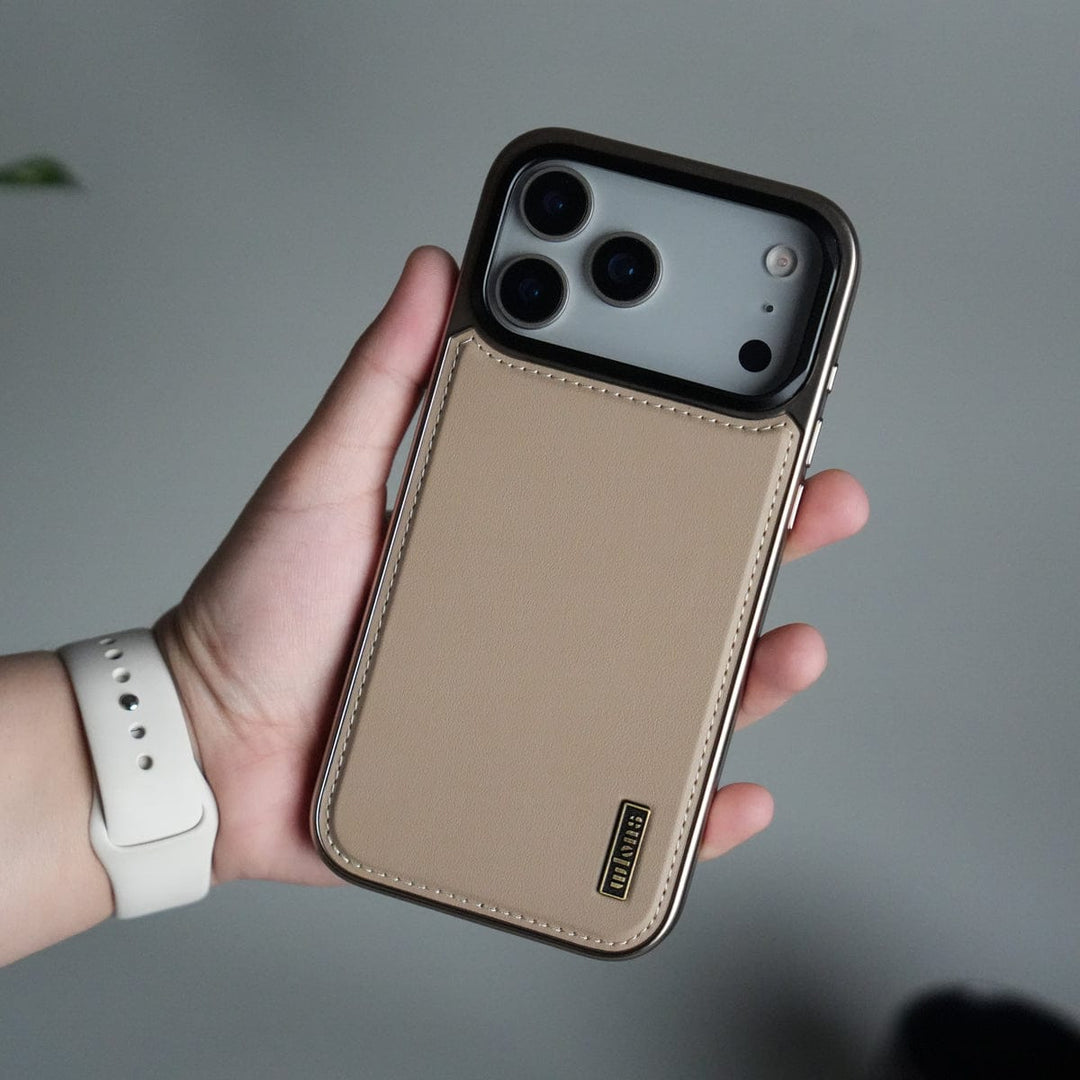 FRATO iPhone 17 Series Beige iPhone 17 Pro Max Premium Leather Back Case with Metal Kickstand And camera Bump Cover