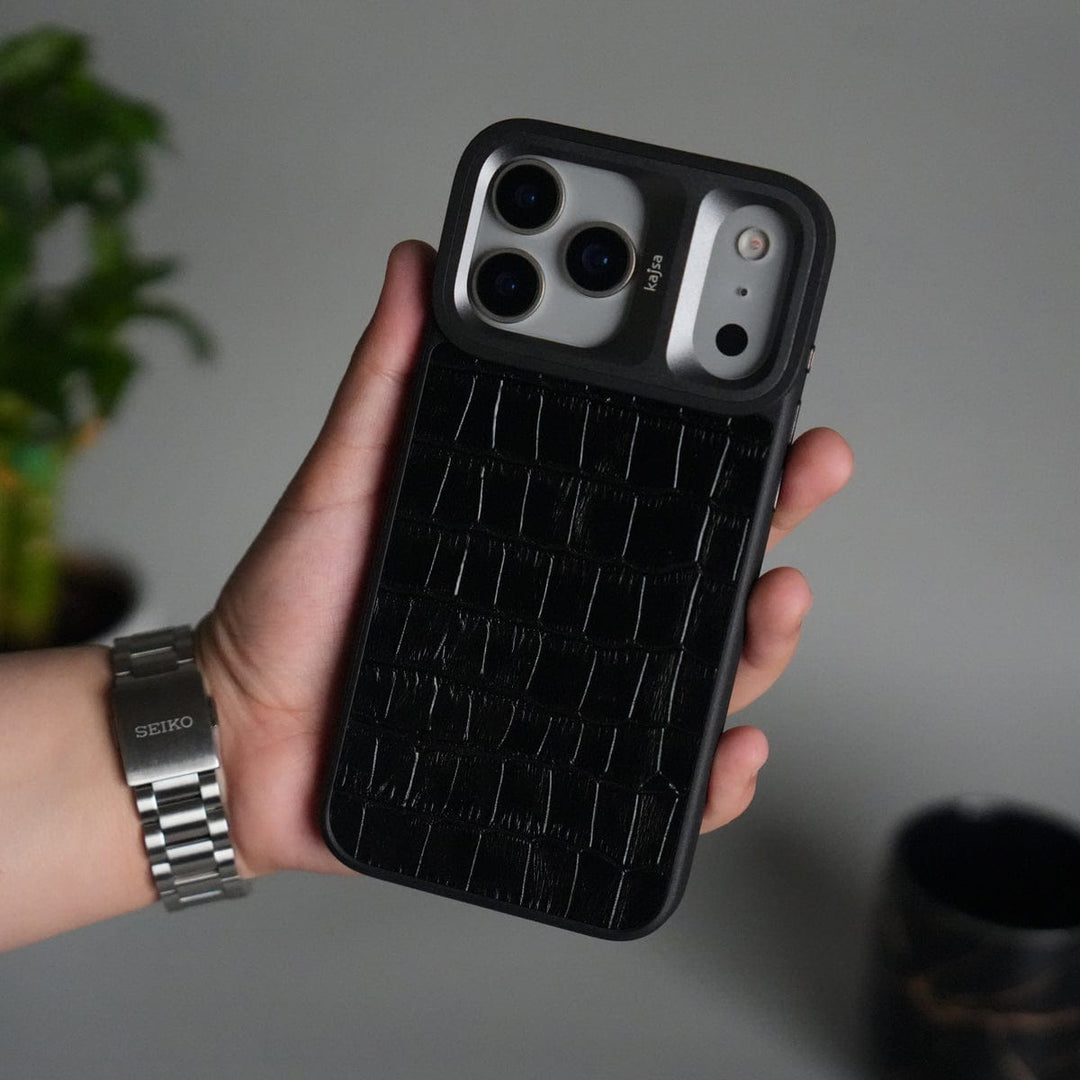 FRATO iPhone 17 Series Black Croc iPhone 17 Pro Max Crocodile Leather Pattern Case | Premium Luxury Back Cover with Metal Camera Frame
