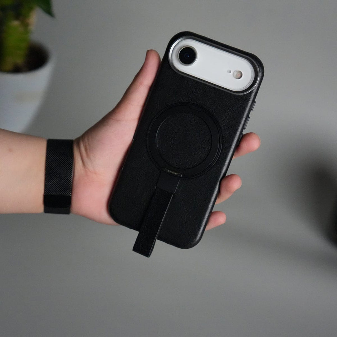 FRATO iPhone 17 Series Black iPhone 17 Air Luxury Leather MagSafe Case | Metal Ring Stand and Grip Holder Cover