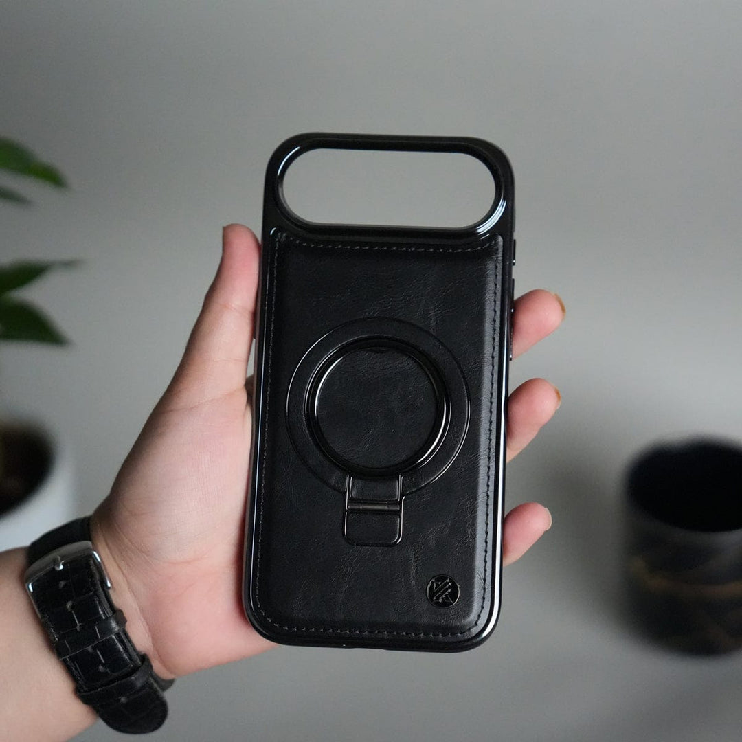 FRATO iPhone 17 Series Black iPhone 17 Air PU Leather Chrome Side Case With Ring Metal Stand