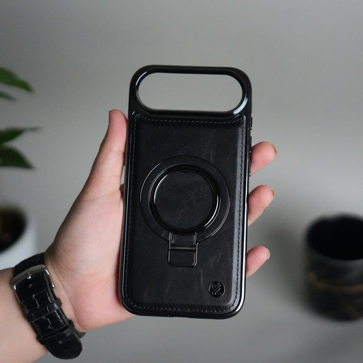 FRATO iPhone 17 Series Black iPhone 17 Air PU Leather Chrome Side Case With Ring Metal Stand
