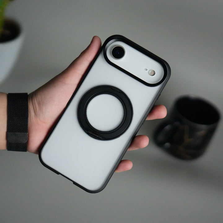 FRATO iPhone 17 Series Black iPhone 17 Air Transparent Magnetic Ring Case | Frosted Shockproof Kickstand Cover