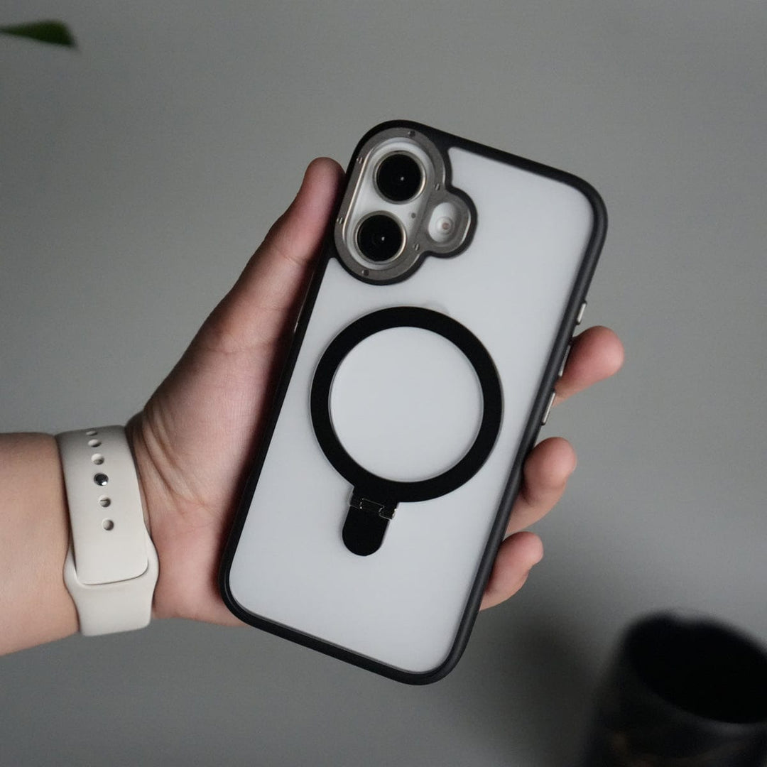 FRATO iPhone 17 Series Black iPhone 17 Frosted Case with Metal Camera Bump &amp; Metal Kickstand | Shockproof Matte Hybrid Cover