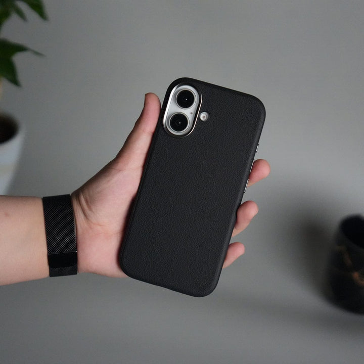 FRATO iPhone 17 Series Black iPhone 17 Leather Texture Design PVC Case With Metal Camera Bump