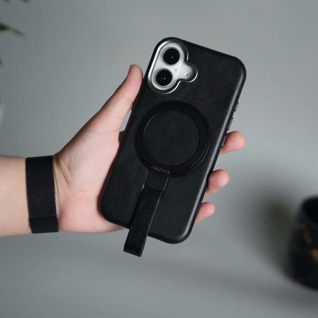 FRATO iPhone 17 Series Black iPhone 17 Luxury Leather MagSafe Case | Metal Ring Stand and Grip Holder Cover