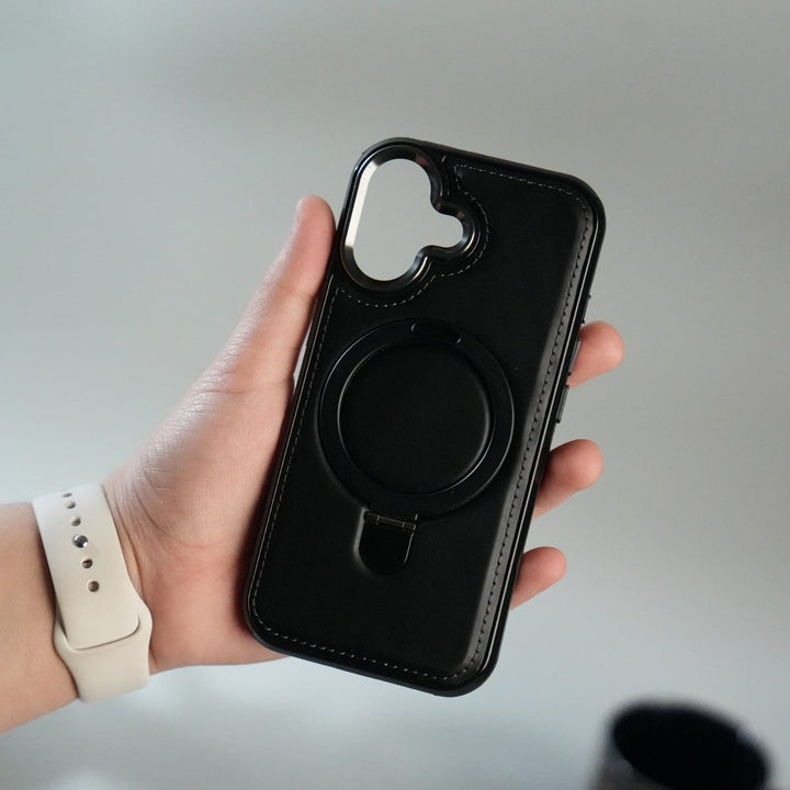 FRATO iPhone 17 Series Black iPhone 17 Premium PU Leather Case with Metal Kickstand | Metal Camera Bump | Luxury Shockproof Back Cover