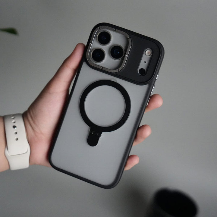 FRATO iPhone 17 Series Black iPhone 17 Pro Max Frosted Case with Metal Camera Bump &amp; Metal Kickstand | Shockproof Matte Hybrid Cover