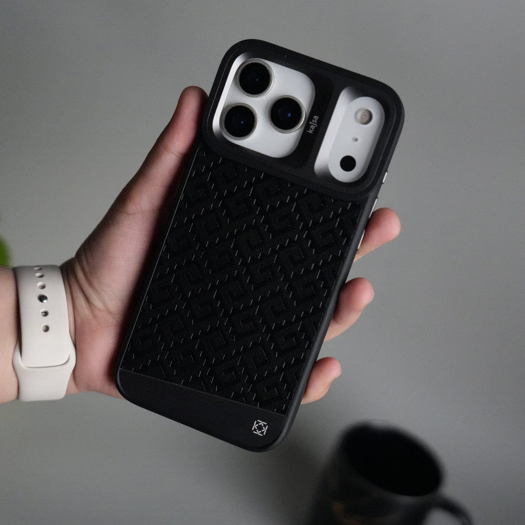 FRATO iPhone 17 Series Black iPhone 17 Pro Max GeoMaze Pattern Leather Case | Premium Luxury Back Cover with Metal Camera Frame