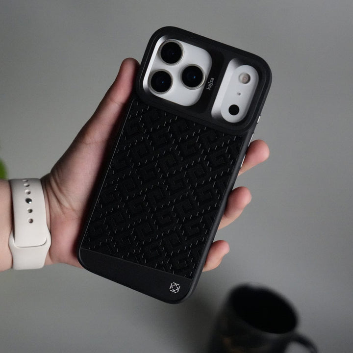FRATO iPhone 17 Series Black iPhone 17 Pro Max GeoMaze Pattern Leather Case | Premium Luxury Back Cover with Metal Camera Frame