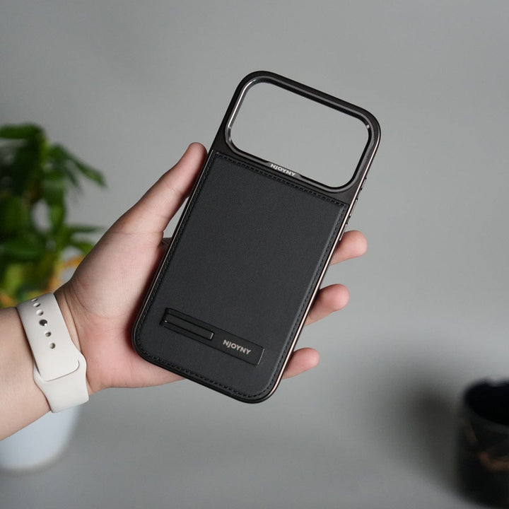 FRATO iPhone 17 Series Black iPhone 17 Pro Max Leather Mate Chrome Plated Kick Stand Case Cover
