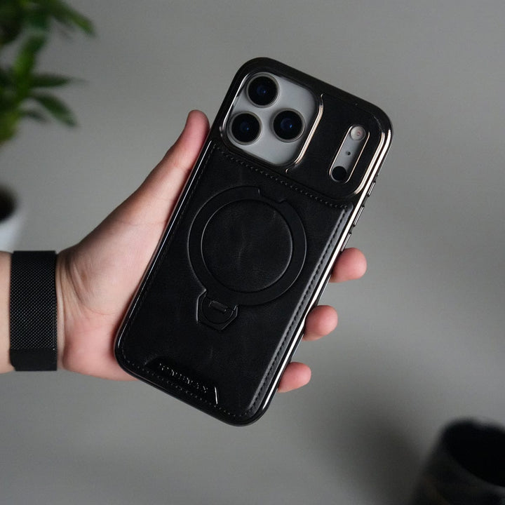 FRATO iPhone 17 Series Black iPhone 17 Pro Max Luxury Leather Magnetic Ring Case | Metal Kickstand Cover with Chrome Frame