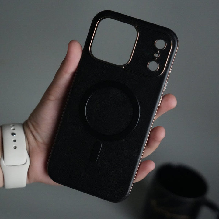 FRATO iPhone 17 Series Black iPhone 17 Pro Max Metallic Textured Leather MagSafe Ring Case Cover