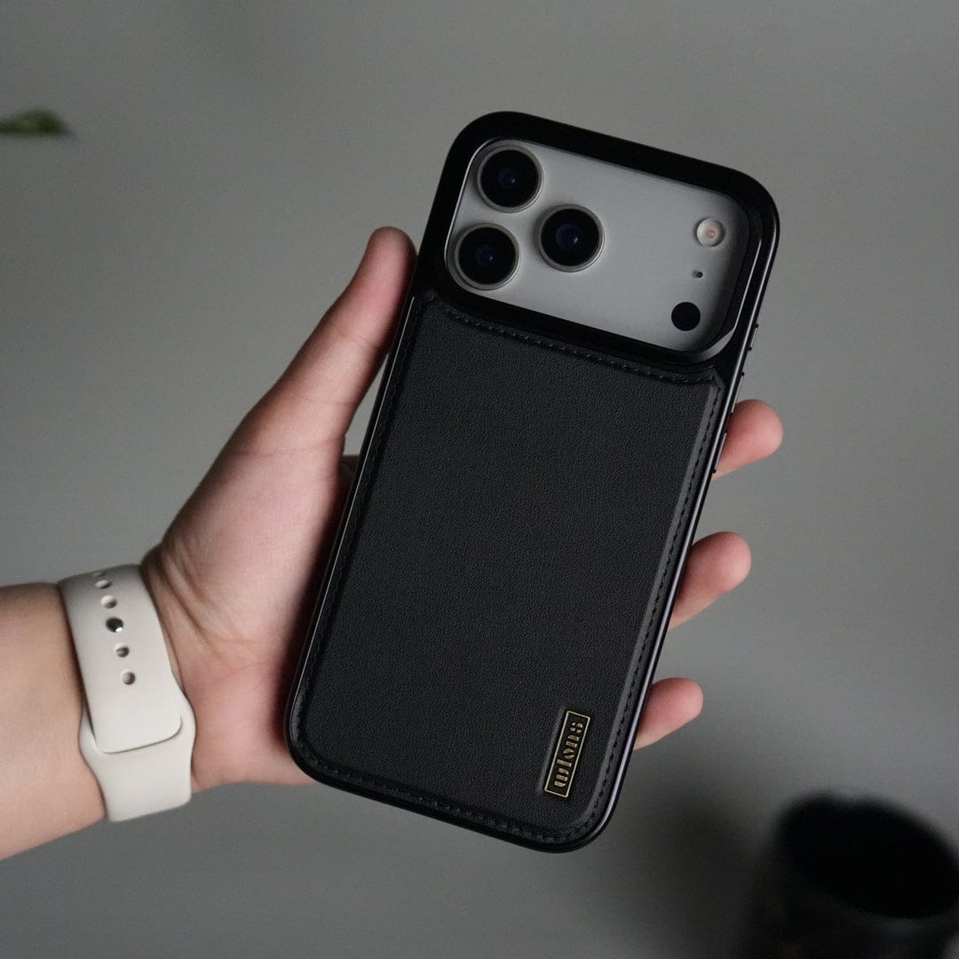 FRATO iPhone 17 Series Black iPhone 17 Pro Max Premium Leather Back Case with Metal Kickstand And camera Bump Cover